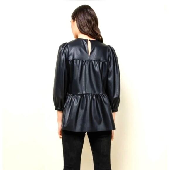 ZARA Ruffled Tiered Faux Leather Babydoll 3/4 Puff Sleeve Top Black Size Medium - Picture 7 of 8